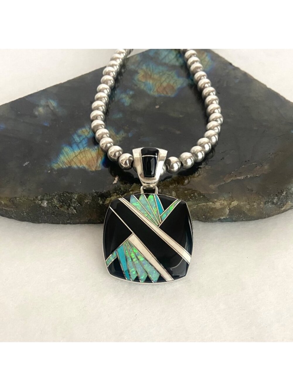 VTG Kenneth Bitsie Sterling Silver 925 Navajo Opal Onyx Inlay Pendant Necklace